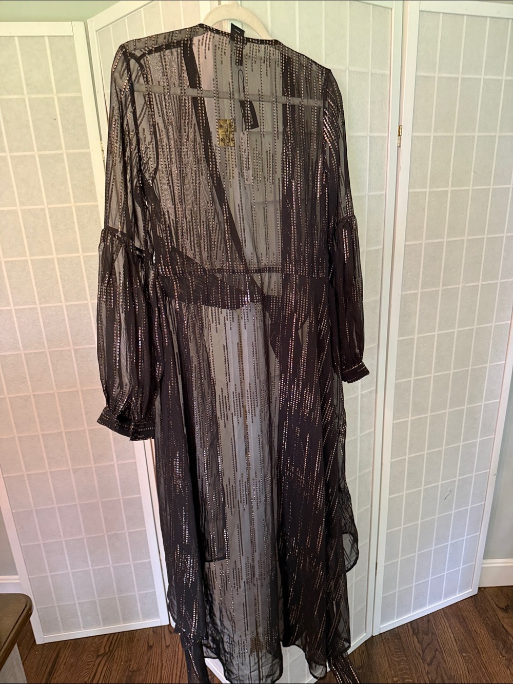 Express Black Sheer Metallic-Striped Tie-Waist Maxi Dress/ Boho cover up - Picture 5 of 5